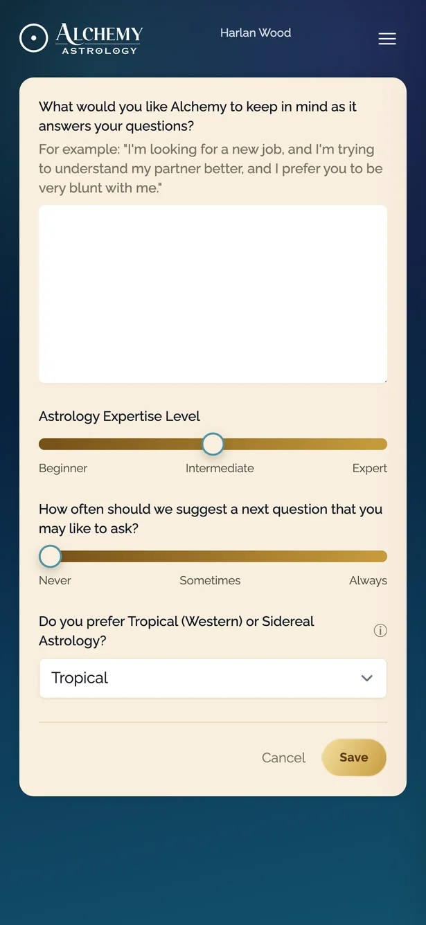 The preferences screen, setting zodiac system and voice
