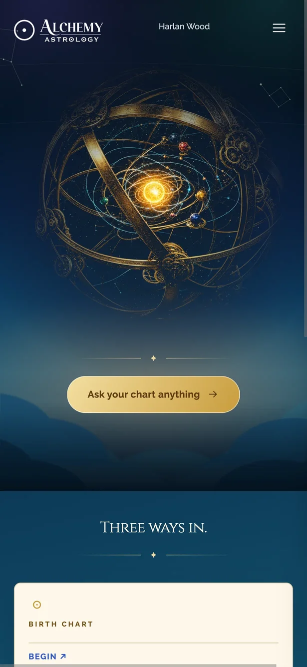 The Alchemy dashboard, showing a birth chart and the day's transits