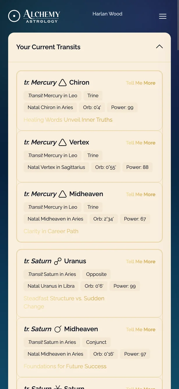 The transits view, the current sky read against your birth chart