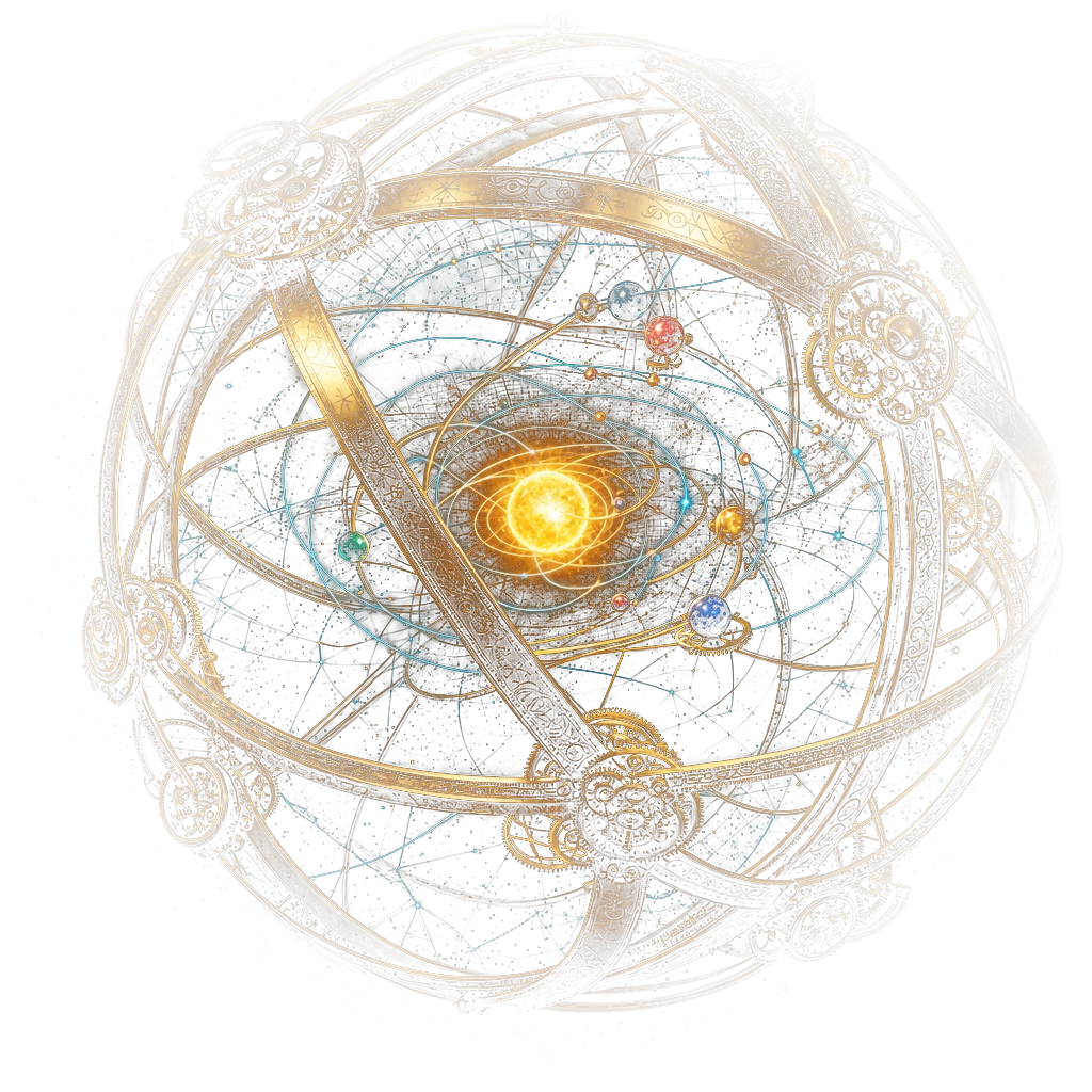 A birth chart drawn in gold light, tilted and hanging in the night sky