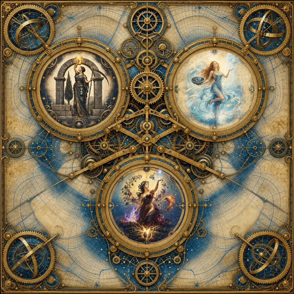 A richly detailed celestial mechanism holds three goddess archetypes