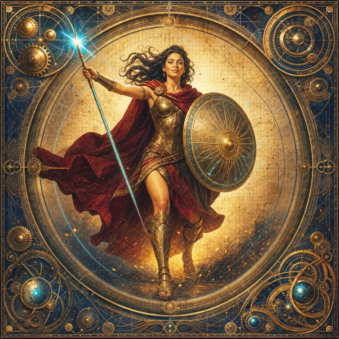 A mythic huntress stands at a luminous threshold in an ornate celestial frame