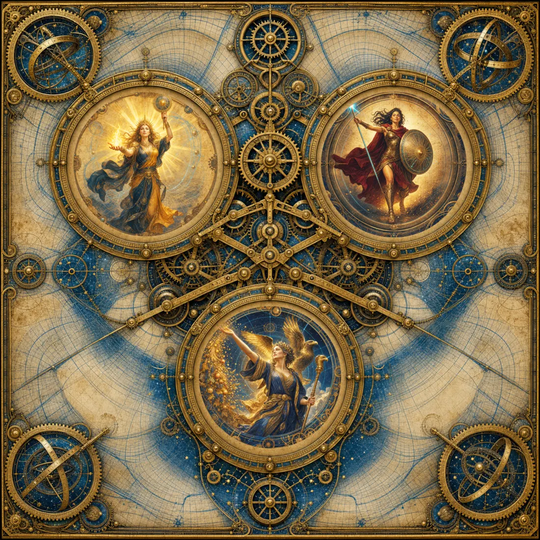 The Sun, Mars, and Jupiter goddesses each in her own circle within a golden celestial mechanism